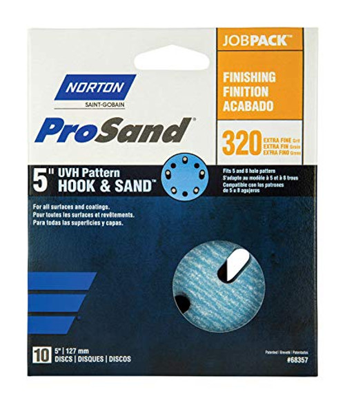 NORTON (68357) 320 Grit, 8 Hole, 5" Hook & Sand Finishing Discs, 1-Pk/10-Discs