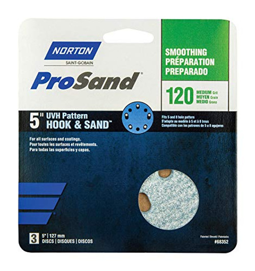 Norton (68352) ProSand 5" Hook & Loop, 8 Hole Smoothing Sanding Discs, 120 Grit Medium - Pack of 3