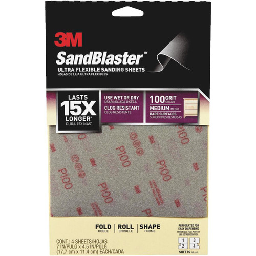 3M (28100SB-UF4) Sandblaster Ultra Flexible 4-1/2 In. X 7 In. 100 Grit Medium Sandpaper (4-pack)