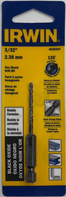 Irwin 4935634 Hex Shank Black Oxide Drill Bit 3/32 in