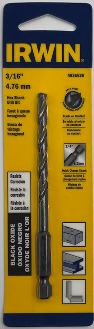 Irwin 4935639 Hex Shank Black Oxide Drill Bit 3/16 in