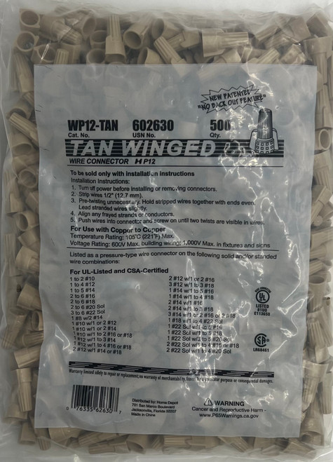Preferred Industries 602630 Wing-Type Wire Connector, Tan (500-Pack)