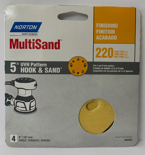 Norton (02001) Hook and Sand Paper Disc with 5 and 8 Universal Vac Hole, 5" Diameter, Grit P220 Very Fine 1-Pk/4-Discs