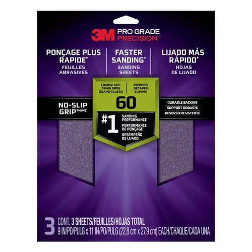 3M (26060TRI-3) Pro Grade No-Slip Grip Advanced Sandpaper, 9-Inch x 11-Inch, 60 Grit, Pack of 3