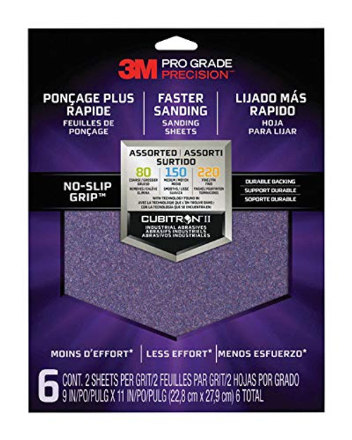 3M (26000TRI-6) Pro-Grade No-Slip Grip Sanding Sheets 11" X 9" Assorted 1-Pk/6-Sheets