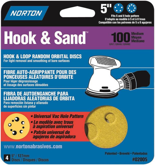 Norton (02005) Hook and Sand Paper Disc with 5 and 8 Universal Vac Hole, 5" Diameter, Grit P100 Medium 1-Pk/4-Discs