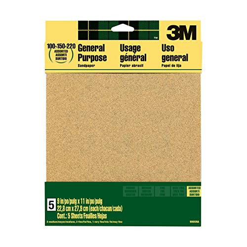 3M (9005NA) Aluminum Oxide Sandpaper, Assorted 100-150-220 Grits, 9-in x 11-in Sheets, 1-Pk/5-Sheets