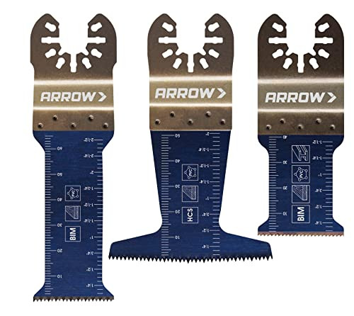 Arrow OSC101VP-3 Multi-Material Oscillating Tool Blade Variety Pack for Copper Pipe, Wood, PVC, Drywall, Universal, Fits Most Multitools, 1 ¼″, 1 ⁵⁄₁₆″, and 2 ½″, 3-Pack