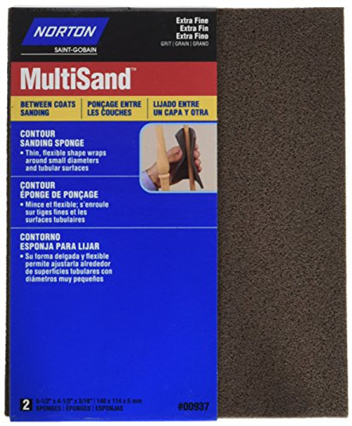 Norton (00937) 4-1/2-Inch X 5-1/2-Inch X 3/16-Inch Extra Fine Contour Sanding Sponge, 2-Pack