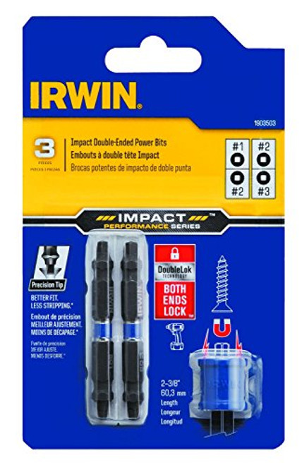 IRWIN 1903503 Impact Performance Series Double-Ended Screwdriver Power Bit Set with Magnetic Screw Hold, Square, 2 3/8-Inch, 3-Piece