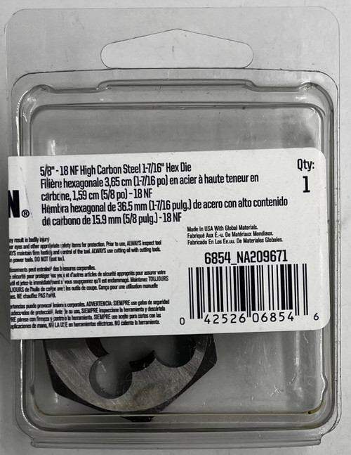 IRWIN Hanson 6854 Die 5/8-18 1 7/16 NF Sh, for Tap Die Extraction