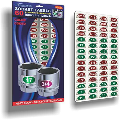 Chrome Socket Labels - (60-Labels) Green Edition tough chrome foil tool decals, great for mechanics & homeowners, Socket Set stickers that fit all brands of fine tools