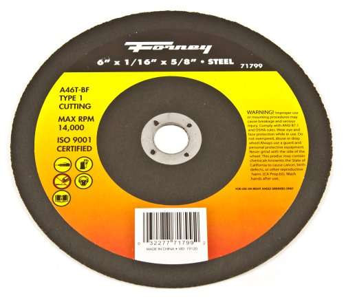 Forney 71799 Cut-Off Wheel with 7/8-Inch Arbor, Metal Type 1, A46T-BF, 6-Inch-by-1/16-Inch