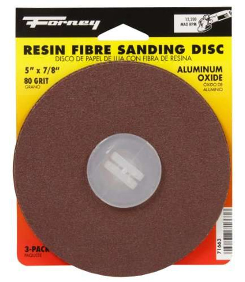 Forney 71663 Aluminum Oxide Sanding Discs with 7/8-Inch Arbor, 5-Inch, 80-Grit, 3-Pack