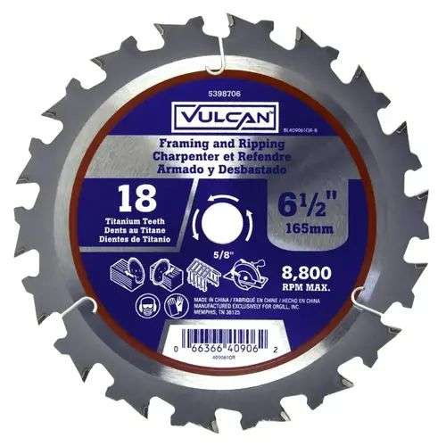 Vulcan 5398706 Circular Saw Blade, 6-1/2 in Dia, 5/8 in Arbor 18 Tooth