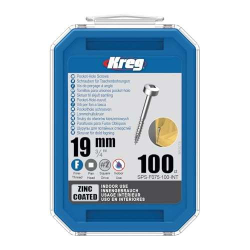 Kreg 100 Count Zinc Pocket Screws, 3/4 Inch, 19mm, Pan Head, #2 Square Drive, Fine Thread (SPS-F075-100)