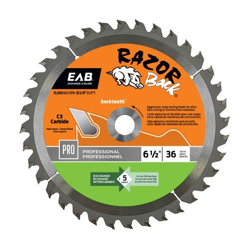 EAB (1-Blade) 6 1/2" x 36 Teeth Finishing Razor Back Professional Saw Blade, Recyclable 1016132 EAB (1-Blade) 6 1/2" x 36 Teeth Finishing Razor Back Professional Saw Blade, Recyclable 1016132