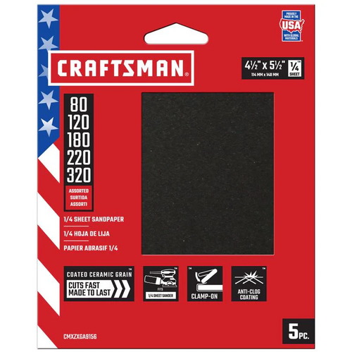 Craftsman, 5 Pack of 5., 5 " L X 4.5" W Assorted Grit Ceramic 1/4 Sheet Sandpaper (CMXZXGA9156)