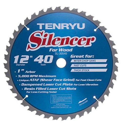 TENRYU, 1 blade, 12" Saw Blade, 40 teeth, 1" Arbor, 5,000 RPM Mas, Dampened Laser-Cut Plate, for Wood ( SL-30540)