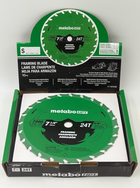 10 Pack Metabo 115757M-10 HPT Circular Saw Framing Blade, 7-1/4" x 24T Tungsten Carbide Circular Saw Blades 10 Pack Metabo 115757M-10 HPT Circular Saw Framing Blade, 7-1/4" x 24T Tungsten Carbide Circular Saw Blades