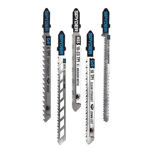 Spyder1pack/5-Piece Multi-Material Jig Saw Blade Set, for Wood and Metal, CRV/HSS Bi-Metal Steel, T-Shank Compatible with All Major Brands (300089) Spyder1pack/5-Piece Multi-Material Jig Saw Blade Set, for Wood and Metal, CRV/HSS Bi-Metal Steel, T-Shank Compatible with All Major Brands (300089)