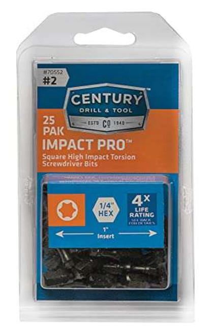 Century Drill & Tool, 25 Pack, 70552 Impact Screwdriver Bit #2 Square, 1"