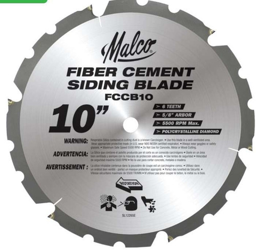 Malco (1 per pack) 10" Fiber Cement Siding Blade Circulator Saw Blade. 6 teeth, 5/8" ArBOR, 5500 RPM Max, Polycrystalline diamond ( FCCB10)