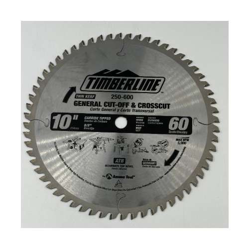 Timberline (1 per pack), 10" Carbide tipped saw blade, 60 tooth. Thin Kerf general cut-off & cross cut , ABT .09 (250-600)