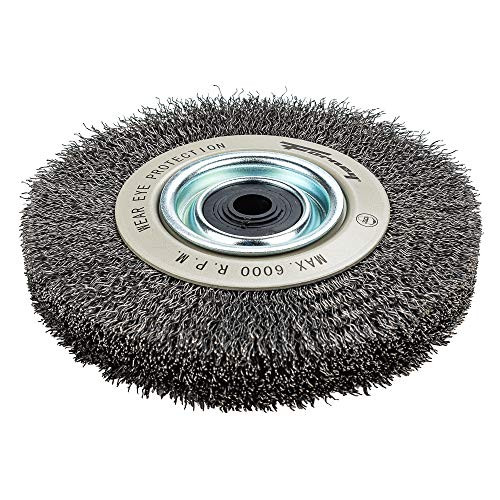Forney 72896-0 Wire Bench Wheel Brush, Industrial Pro Crimped with 1/2-Inch Through 2-Inch Multi Arbor, 6-Inch-by-.012-Inch