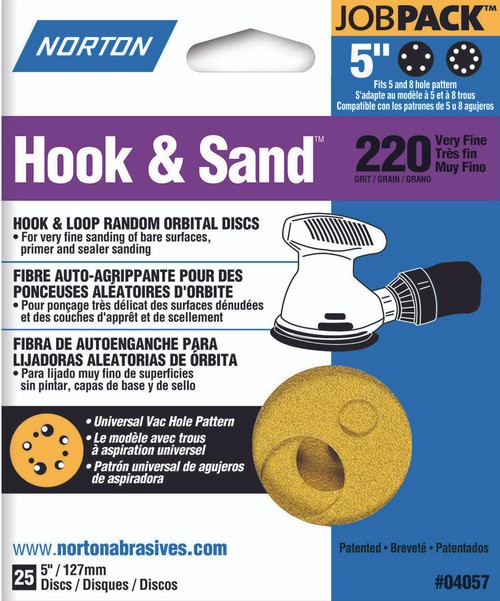 Norton (Pack of 25) Hook & Sand Random Orbital Discs, 5", P220 Grit, 04057