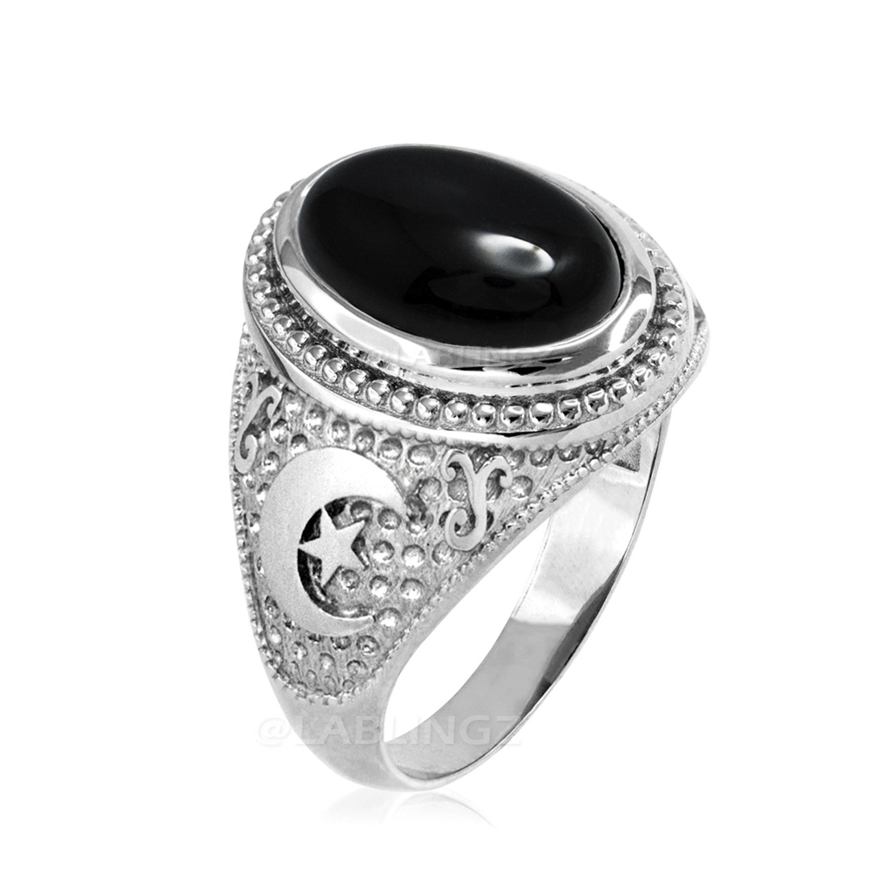 White Gold Black Onyx Islamic Crescent Moon Ring