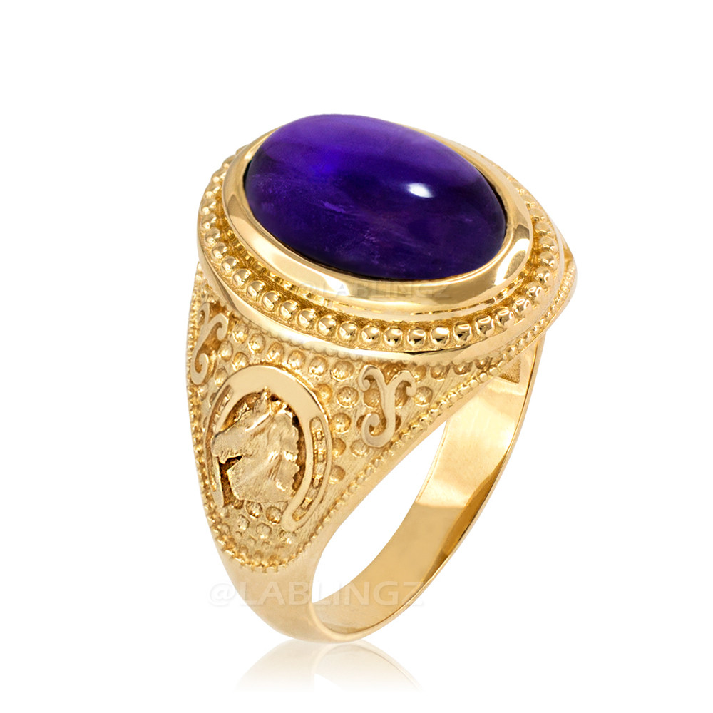 Yellow Gold Purple Amethyst February Lucky Horse Shoe Birthstone Ring