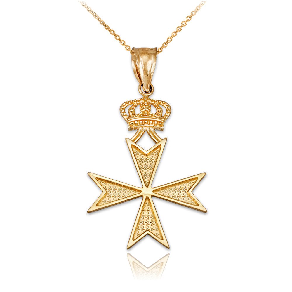 Solid Gold Maltese Cross Royal Crown Pendant Necklace
