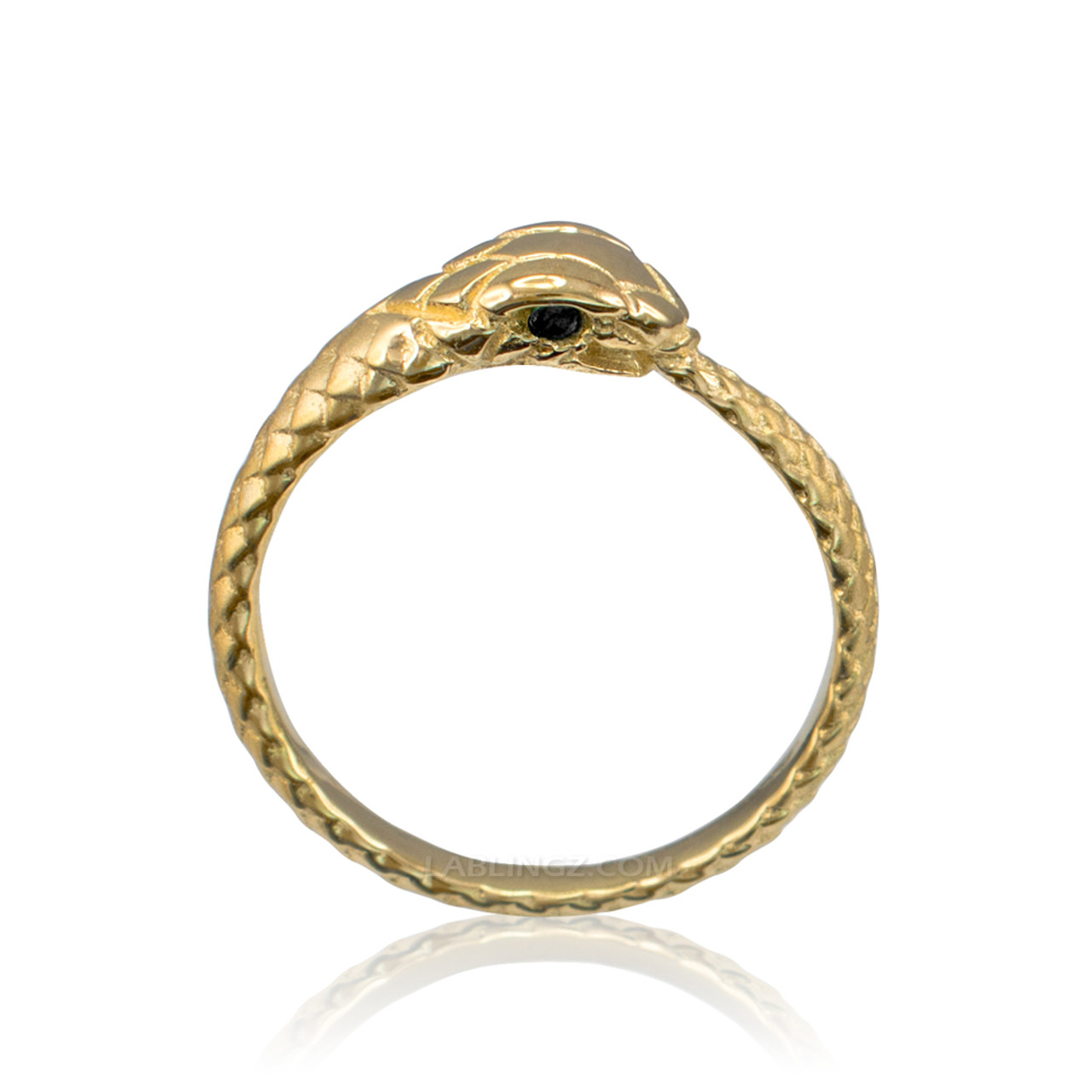 Solid Yellow Gold Tail Biting Black Diamond Ouroboros Ring Band.