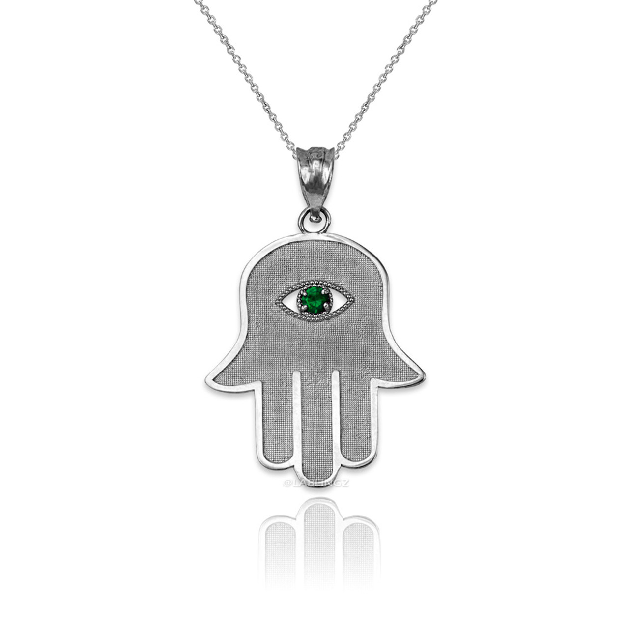 White Gold Hamsa Emerald Green Cubic Zirconia Evil Eye Pendant