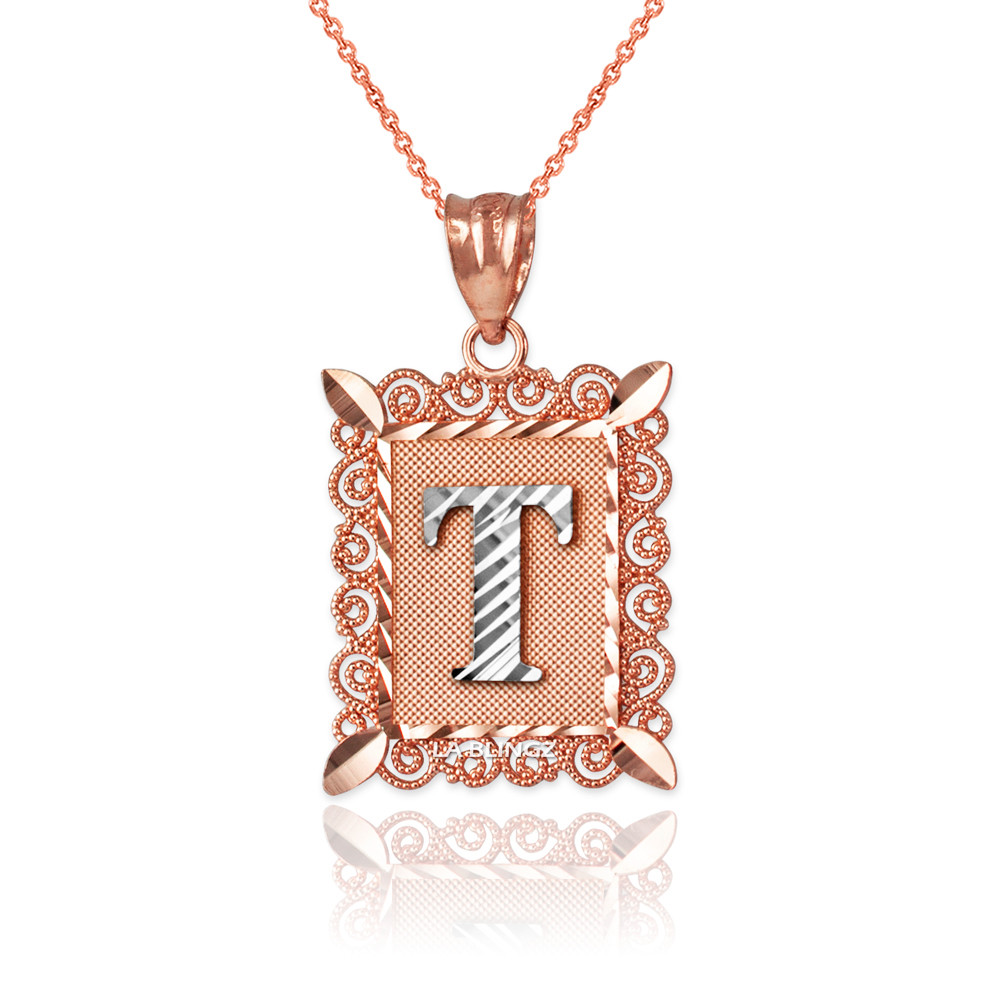 Letter Pendant T Necklace Charm Two-tone Rose Gold Filigree