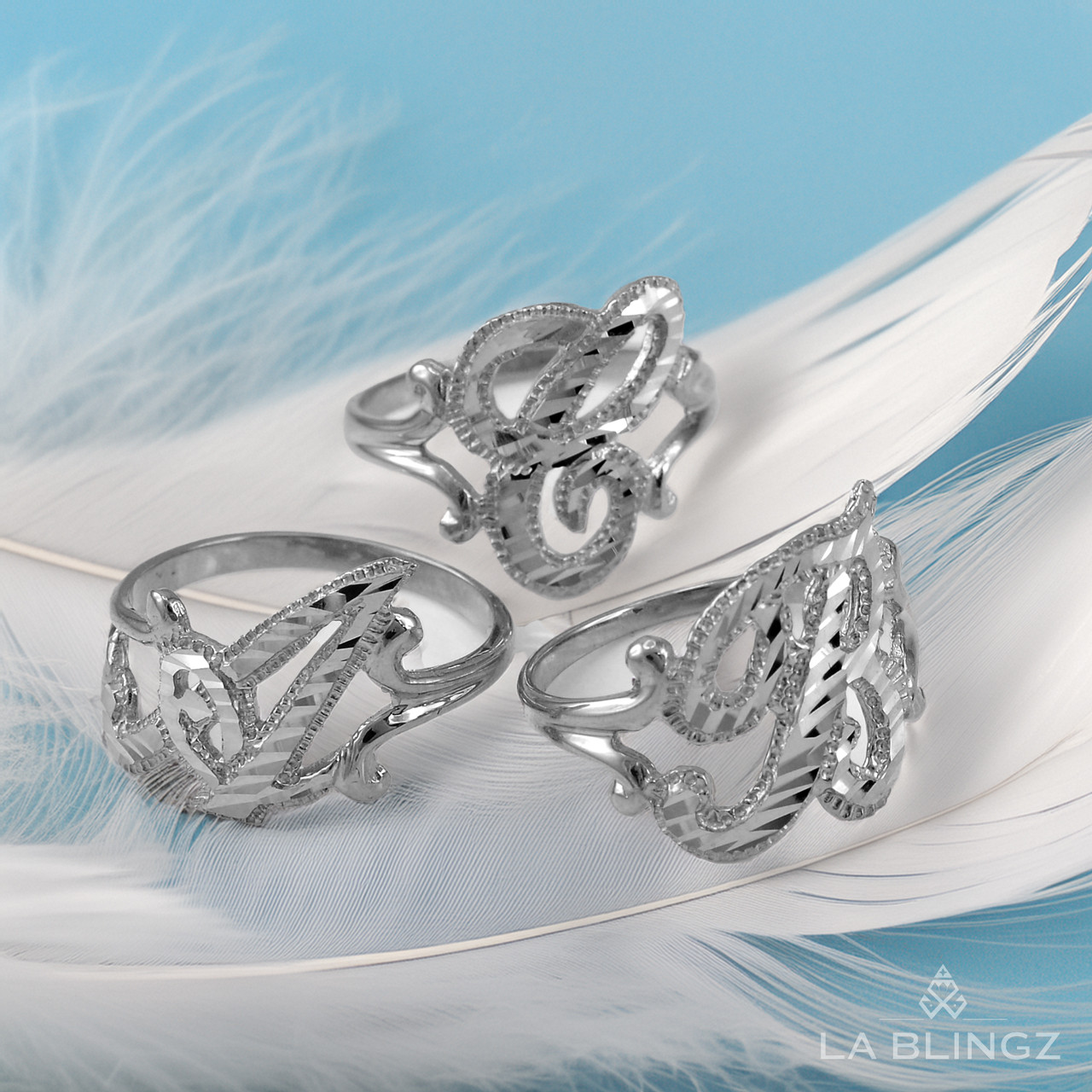 Sparkle-Cut Initial Script Ring - Sterling Silver Letter Ring - All Sizes 4-11, Diamond Cut Finish