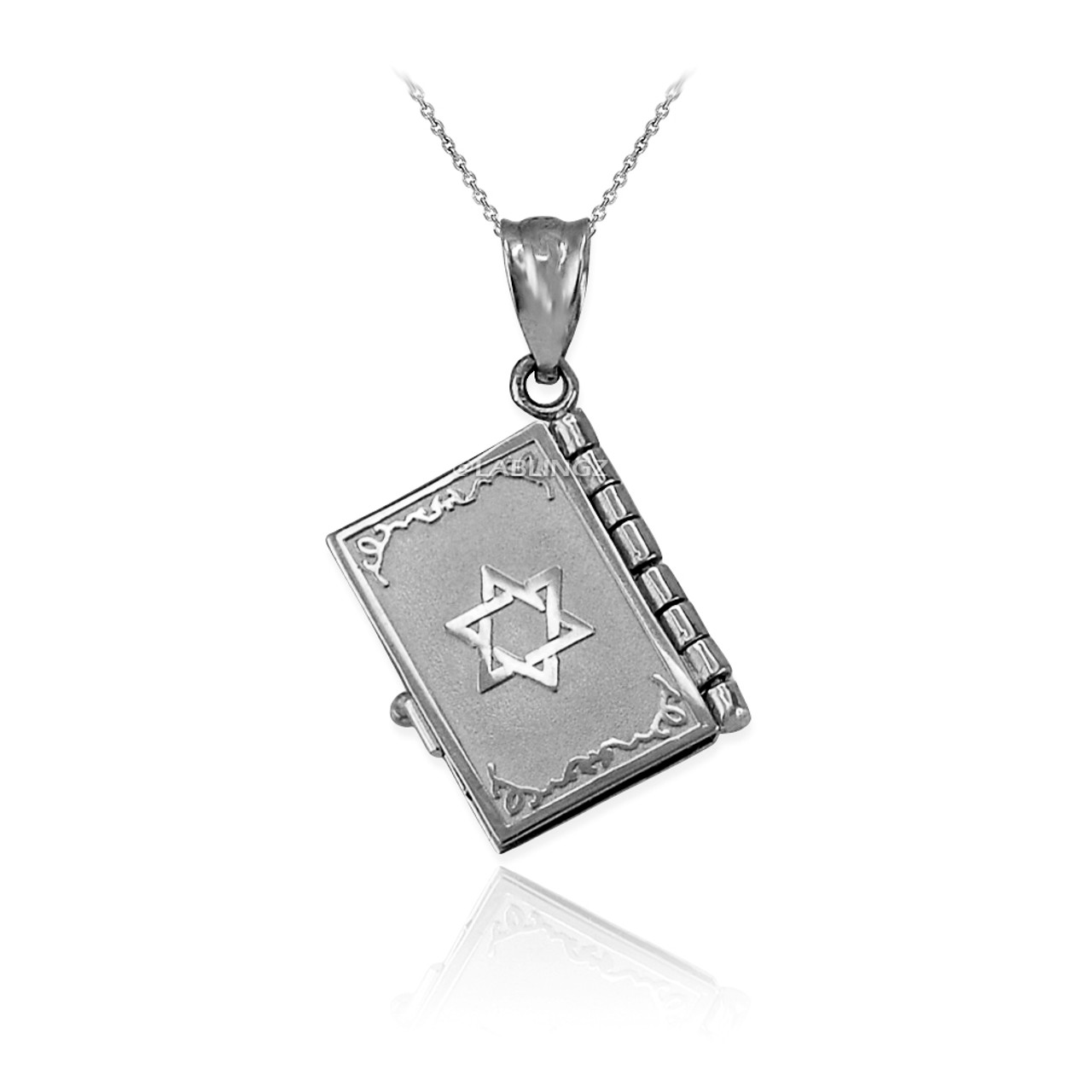 White Gold Judaic Ten Commandments 3D Jewish Bible Necklace