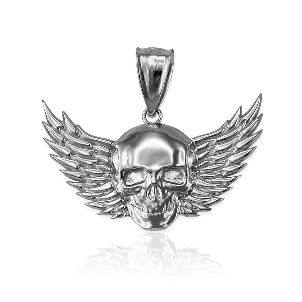 Sterling Silver Skull with Wings Deaths Head Biker Pendant - Main Image
