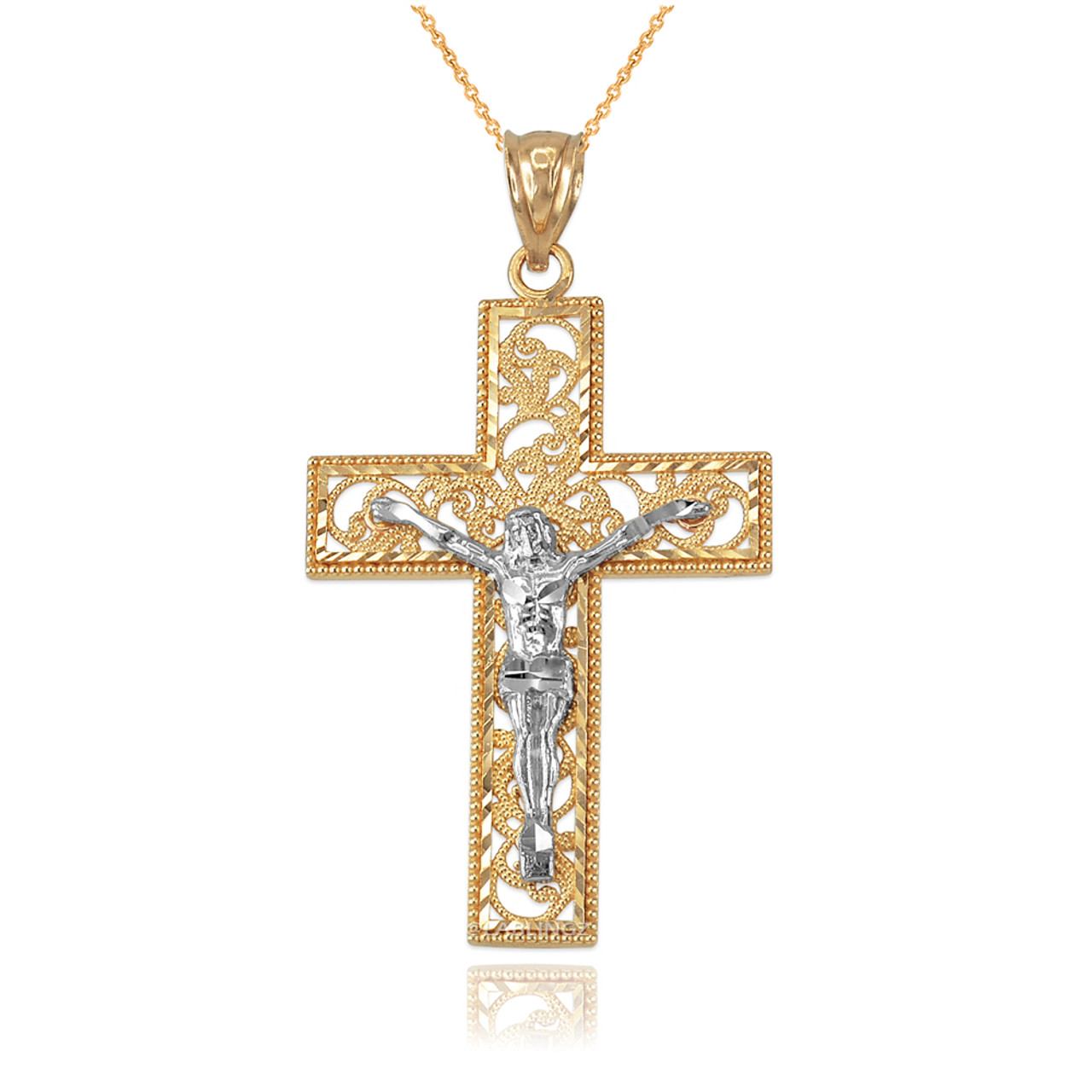 15/16 Inch Two-Tone Sterling Silver Sash Cross Necklace