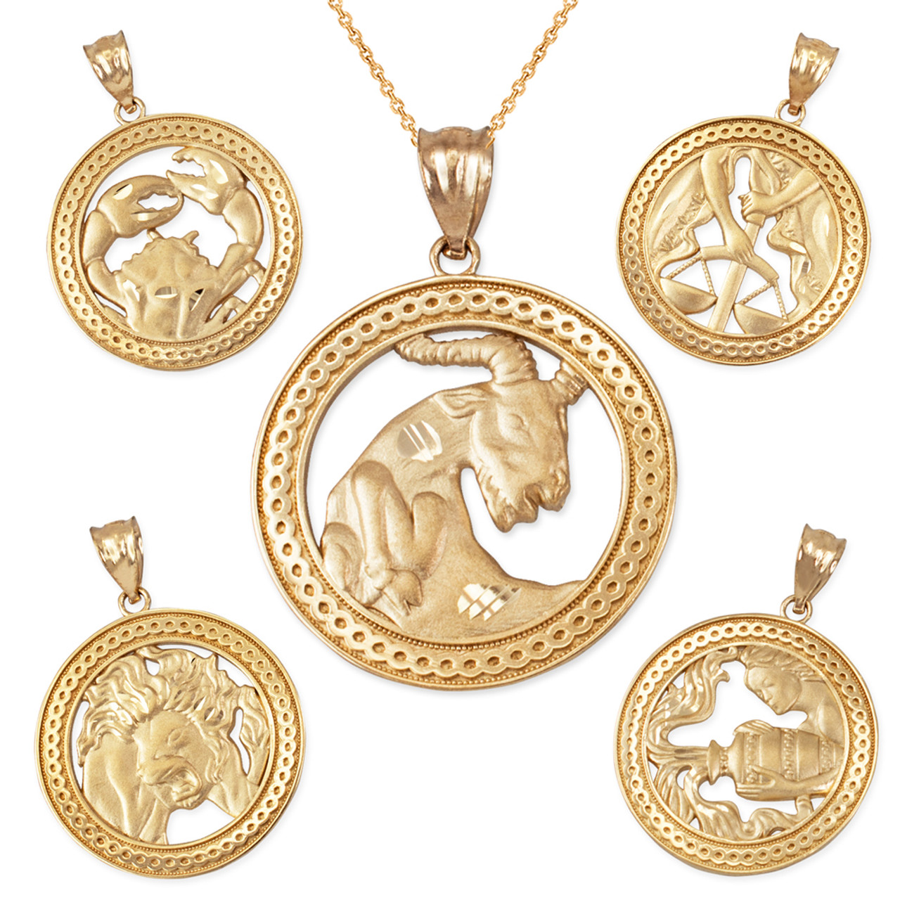 LA BLINGZ 14K Yellow Gold Zodiac Medallion Satin DC Pendant Necklace (22, A 