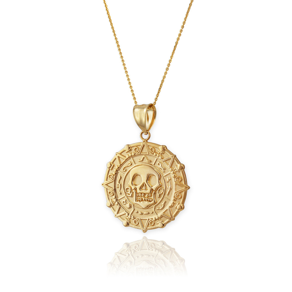 Gold Aztec Coin Caribbean Pirates Skull Pendant Necklace