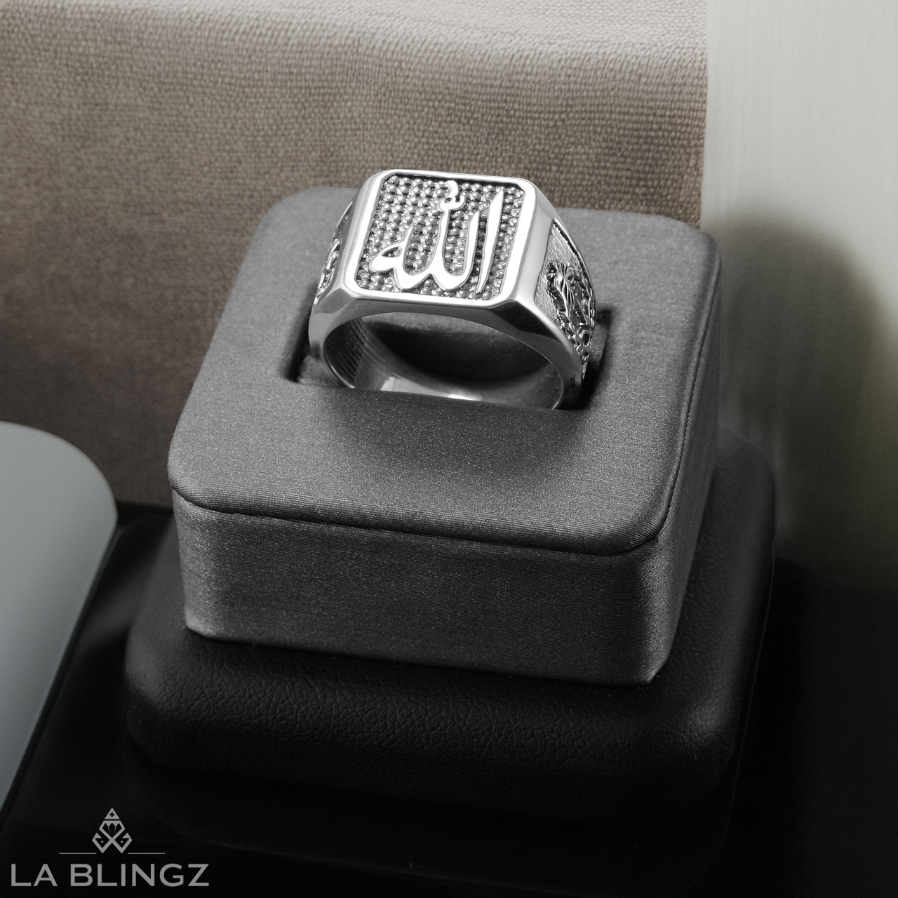 Sadiq Ring Sterling Silver Square Signet Allah Ring with Saudi Kingdom Symbol on Band