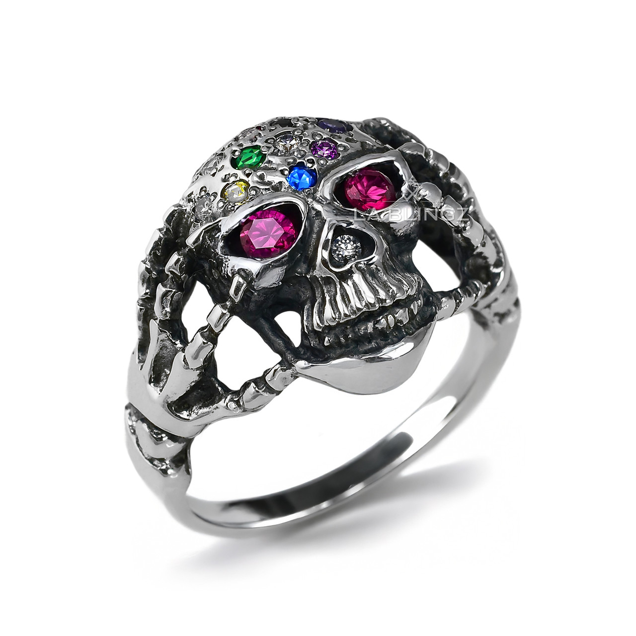 Sterling Silver Skull Ring with Red CZ Eyes | Skeleton Hands Sterling Silver Skull Ring with Red CZ Eyes | Skeleton Hands