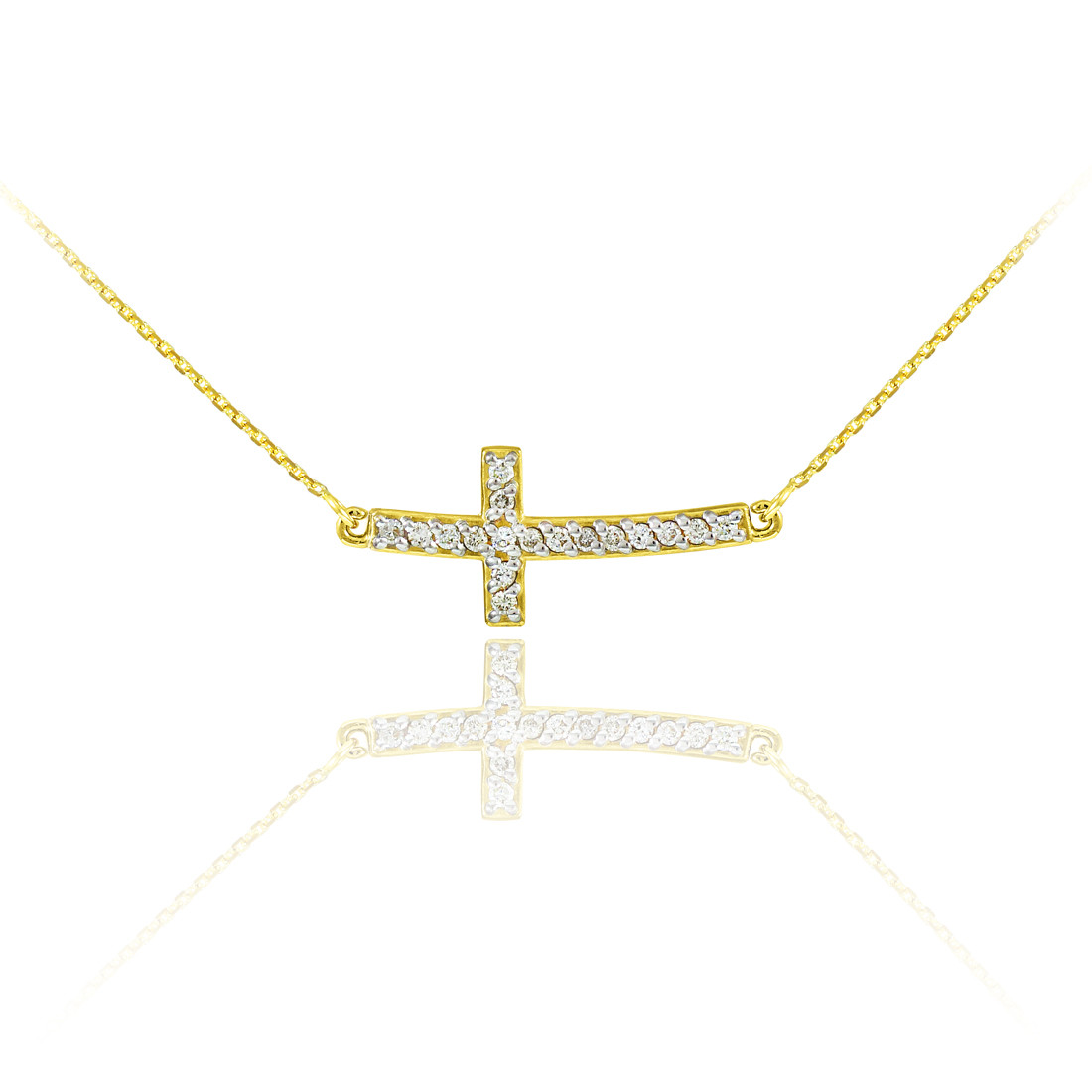 14K Gold Sideways Curved Cross Cute CZ Necklace
