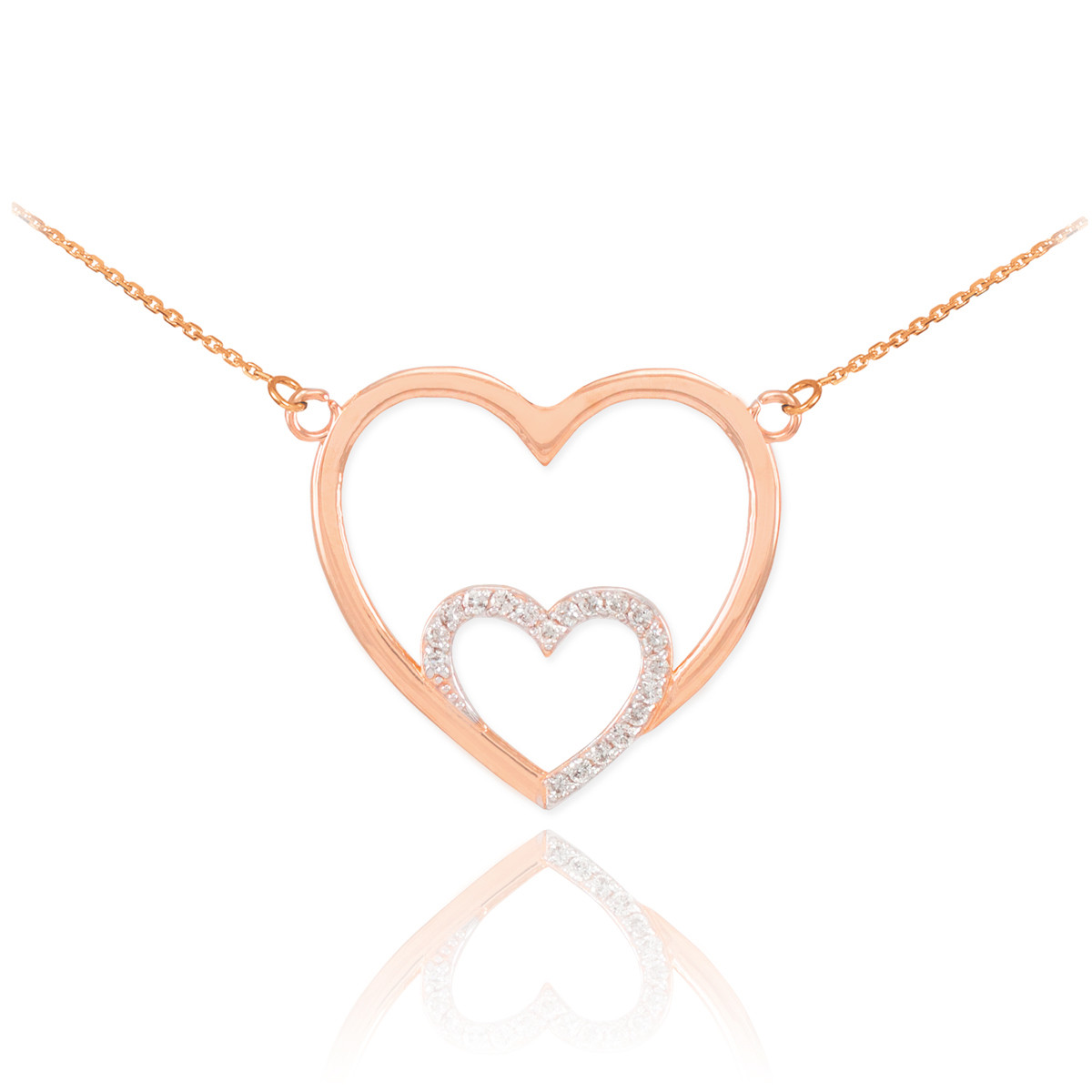 14k Rose Gold Double Heart Necklace with Diamonds