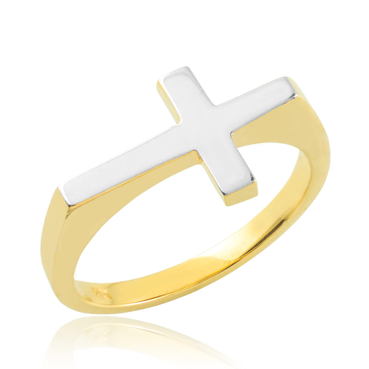 Solid Two-Tone Gold Polished Band Flat Top Sideways Cross Ring