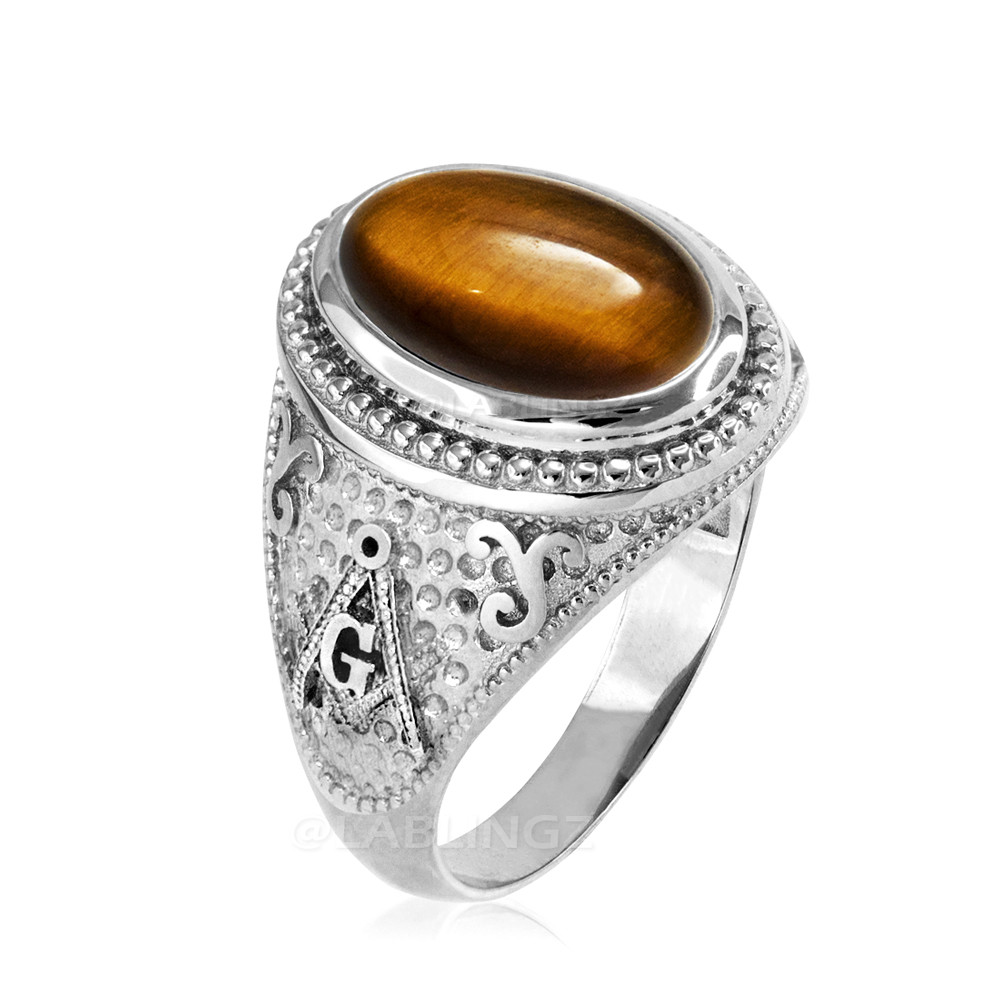 White Gold Masonic Tiger Eye Gemstone Statement Ring