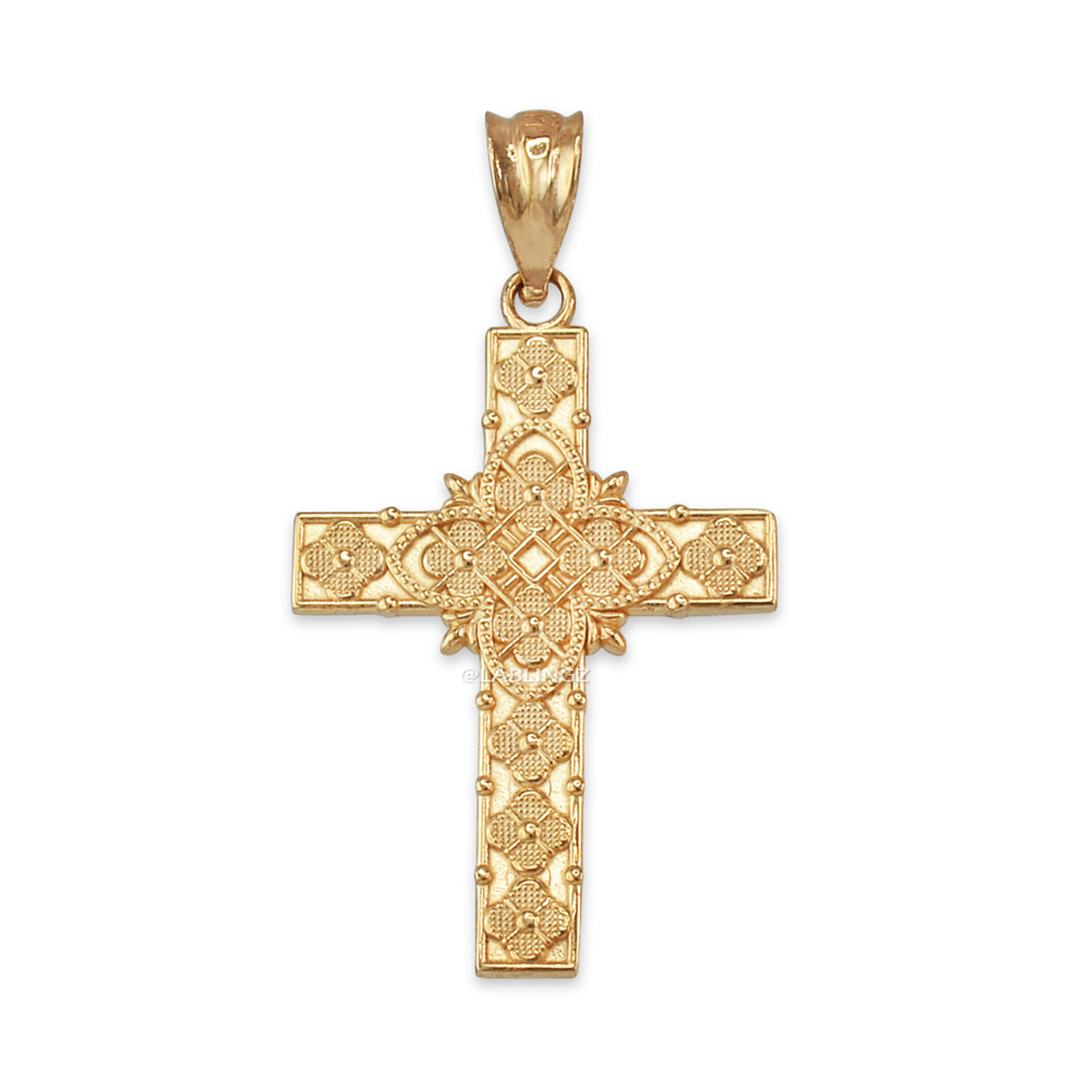 Yellow Gold Floral Cross Pendant Necklace