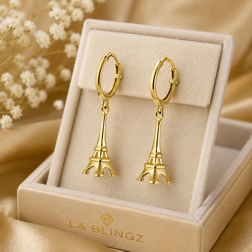 14K Yellow Gold Paris Eiffel Tower 3D Dangle Hoop Earrings